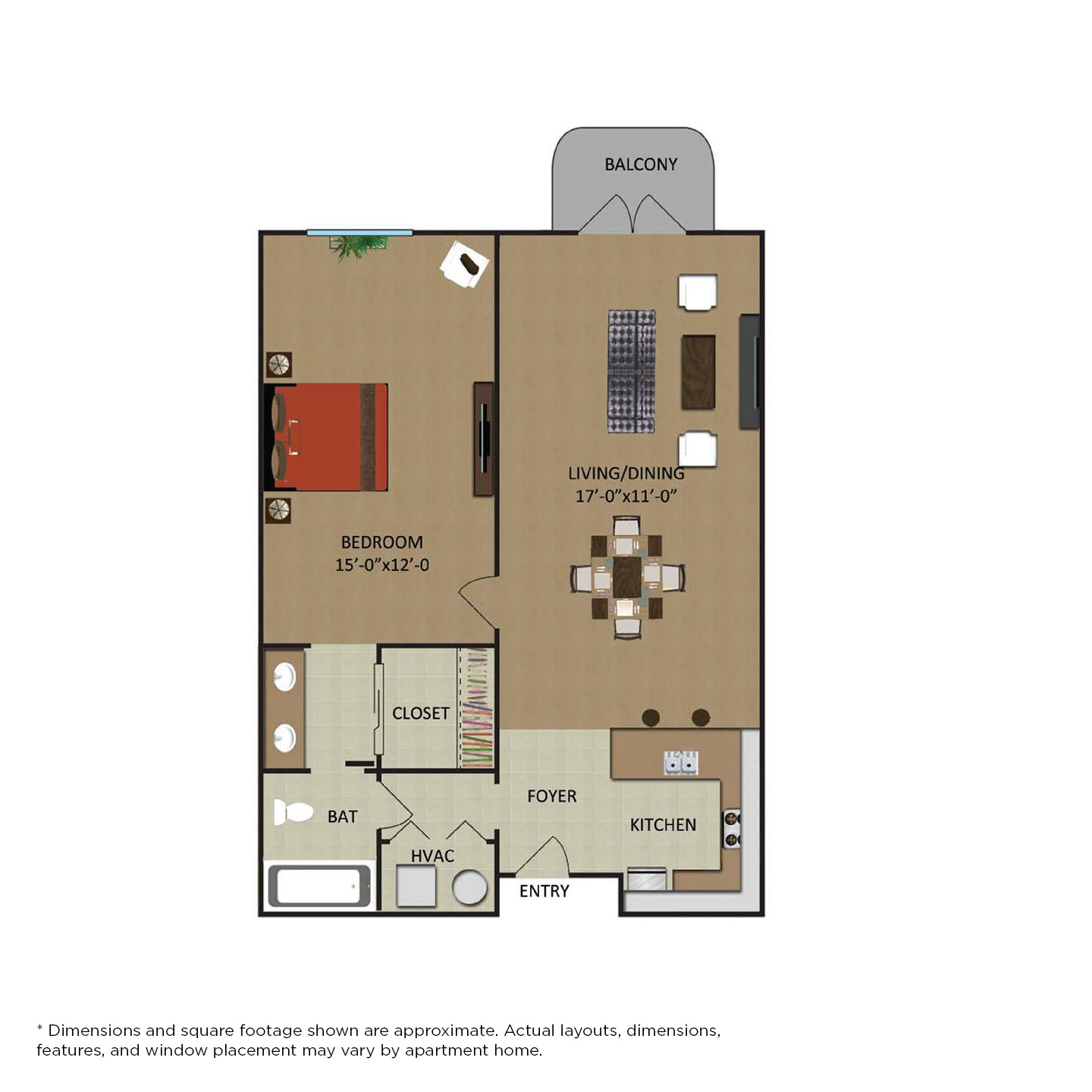 Floor plan for 1 bed, 1 bath, 763 sqft
